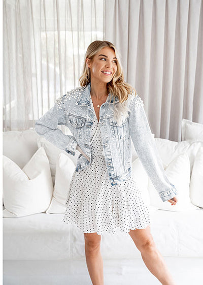 Luxe Pearl Embroidered Denim Jacket